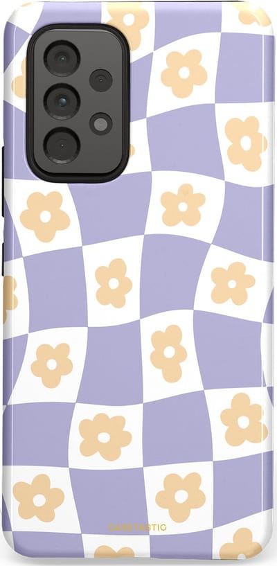 Casetastic hoesje geschikt voor Samsung Galaxy A53 (2022) 5G - Dubbellaagse bescherming - Kronkelende madeliefjes - Fashion Case - Lila Wit Zand Lichtgrijs