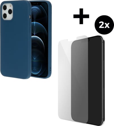 Mobiparts Silicone Cover hoesje geschikt voor Apple iPhone 12 met 2 Screenprotectors van Gehard Glas - Blauw