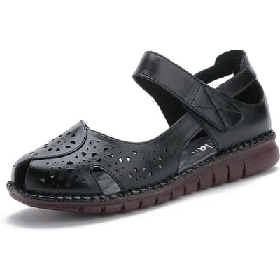 Nieuwe Echt Lederen Zomer Vissenmond Dames Sandalen Hol Gat Zachte Zool Moeder Comfortabel Platte Zool Ademende Dames Schoenen Antislip 36