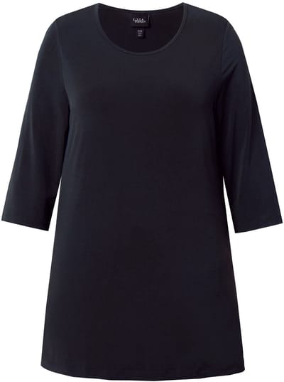 Ulla Popken - Dames - longline shirt stippen ronde hals 3/4-mouwen - Zwart - Maat 42+