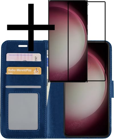 Hoesje - Met Screenprotector - Geschikt voor Samsung Galaxy S23 Ultra - Luxe Pasjeshouder - Bookcase Portemonee - Flip Case - Kunstleer Book Case - Flipcase - Book Cover - Walletcase - Portemonneehoes - Donkerblauw