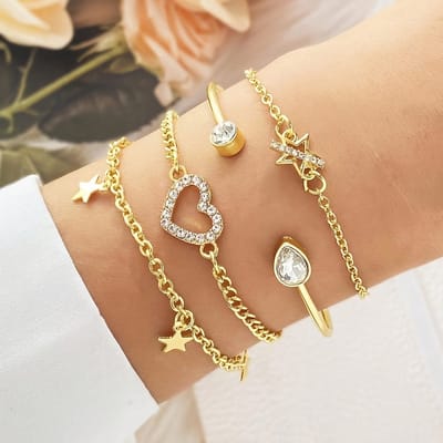 Sjika - Gouden Armbandenset Dames – 5 Delige Set met Hartje, Sterren & Zirkonia – Luxe Layered Armbanden – Verstelbaar - Cadeau voor haar