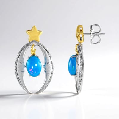 Cavill - 925 Sterling Zilver Oorbellen - Blauwe Ethiopische Opaal 2,59 ct - Zirkonia 0,46 ct - Ovaal Cabochon - Luxe Oorbellen met Gouden Steraccent