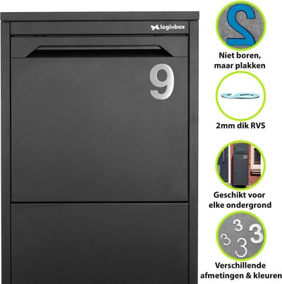 Logixbox - Huisnummer - 9 - NIET Boren, Maar Plakken - Materiaal: RVS - Hoogte: 7,5cm - Kleur: RVS - Type RVS/75/Bold/nr. 9