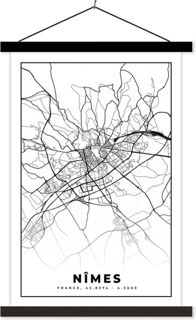 Posterhanger incl. Poster 40x60 cm - Schoolplaat - Plattegrond - Nîmes - Kaart - Frankrijk - Stadskaart - Zwart wit - Textielposter - Zwarte latten - Stadskaart