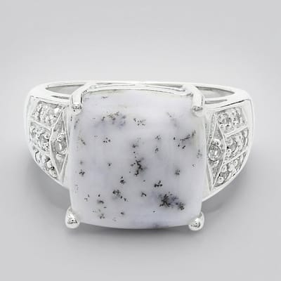 Cavill - 925 Sterling Zilver Ring - 6,9 ct Dendritische Agaat & 0,121 ct Witte Topaas - Handgemaakt Elegant Antiek Design