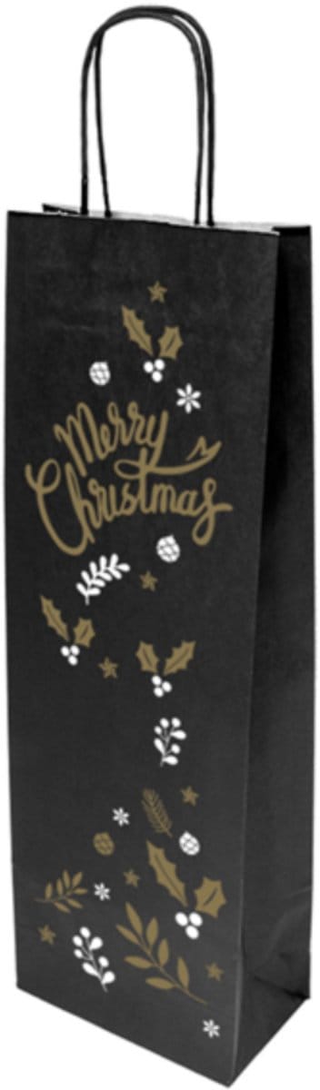 25 x Wijntas 14+8x39cm voor 1 Fles Zwart "Merry Christmas" /Flestas papier / Cadeauverpakking /draagtas voor Fles/wijn / Fleszak · Fles zak-Geschenktas-Flesverpakking-Cadeautas-Verjaardag-Kerst