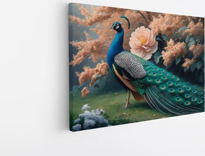 Saammp Canvas Schilderij - Pauw met Lotusbloem - Dieren - Natuur - 45x30 - Foto op canvas - Wanddecoratie - muurdecoratie Woonkamer - Slaapkamer decoratie - Canvas Print