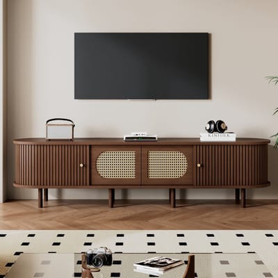 TV-Meubel - 180 x 40 x 40 cm - Ovale TV-Kast met Rotan Design en Schuifdeuren - MDF - Donker Walnoot