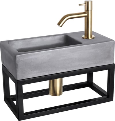 Differnz Ravo fonteinset - 38.5x18.5x25cm - Rechthoek - 1 kraangat - Gebogen matte goude kraan - met zwart frame - beton donkergrijs