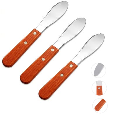 3-stuks Botermes met houten handvat - Roestvrijstalen boterschraper - Roomkaasschraper - Taartspatel - Schraper - Bakgereedschap - Gekartelde rand - Gemakkelijk te gebruiken - Geschikt voor desserts, kaas, enz. - Zilver