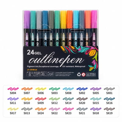 Contourmarkers - 24 kleuren met zwarte houder - Dubbel lijneffect met glans - Voor schoolposters en tekstmarkering - Basisverpakking