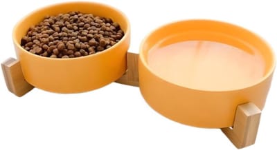Keramische dubbele bak - Voer en drinkbak - Huisdieren voeren - Bamboe houder - 750 Milliliter - Grijs