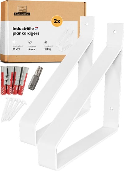 GoudmetHout® Industriële Plankdragers - 25 cm - Stalen Plankdrager voor Wandschap, Muurrek of Wandconsole - Max 100 kg - 2 Stuks - Mat Wit