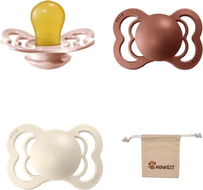 BIBS Supreme Fopspenen - Maat 1 0-6 maanden - Latex – Blush - Woodchuck – Ivory + Monkiezz speenzakje