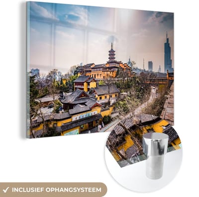 ® Glasschilderij 180x120 cm - Schilderij acrylglas - Zonnestralen schijnen over de tempels in Nanjing - Foto op glas - Muurdecoratie woonkamer - Wanddecoratie slaapkamer - Schilderijen