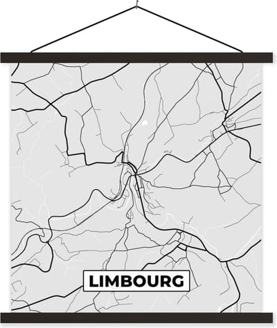 Posterhanger incl. Poster 60x60 cm - Schoolplaat - Kaart – Plattegrond – Stadskaart – Limbourg – België – Zwart Wit - Textielposter - Zwarte latten - Stadskaart