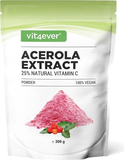 Acerola poeder - 300 g (6,6 maanden voorraad) - natuurlijke vitamine C - 200 dagelijkse porties met 1500 mg puur extract uit de acerolakers - laboratoriumgetest - veganistisch - Brievenbus pakket - Vit4ever
