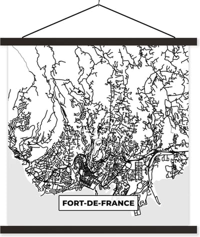 Posterhanger incl. Poster 60x60 cm - Schoolplaat - Frankrijk Fort-de-France - Plattegrond - Stadskaart - Kaart - Zwart wit - Textielposter - Zwarte latten - Stadskaart