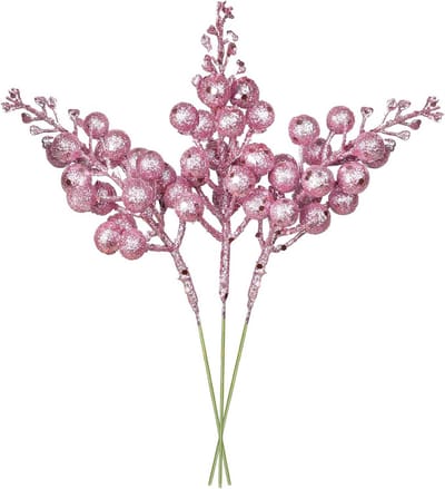 14 Delige Kunst Bessen Takken Roze Glitter voor Kerstversiering en DIY Krans