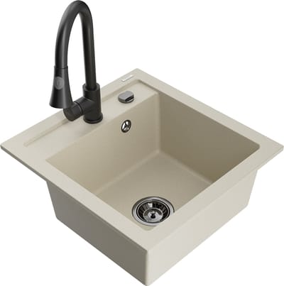 Mexen Vito granieten spoelbak 1-komorig met keukenmengkraan Elia, beige - 6503-69-670101-70