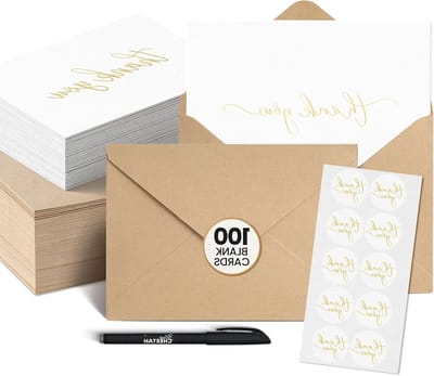 Bedankkaarten Set - Kaarten met Enveloppen - Gepersonaliseerde Berichten - Dikke 300 g/m² Kaarten - 100 stuks - Witgoud