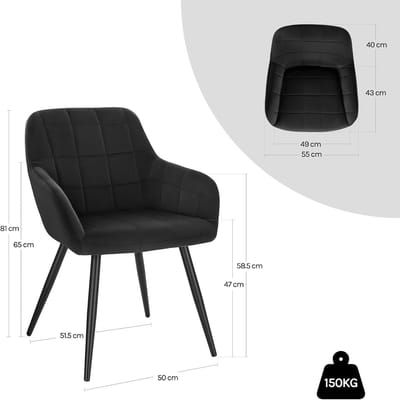 Eetkamerstoel Set van 8 – Novihome LuxeVelvet Design Stoelen met Armleuningen, Fluweel Zitting & Metaal Frame, Modern & Ergonomisch, Zwart