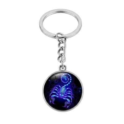 Zilverkleurige ronde sleutelhanger met blauwe schorpioen afbeelding – sleutelhanger voor dames en heren – metalen keychain met schorpioen sterrenbeeld symbool en schakel ketting