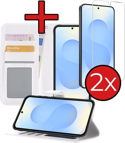 Hoesje - Met 2x Screenprotector - Geschikt voor Samsung Galaxy S25 - Luxe Pasjeshouder - Flip Case - Bookcase Portemonee - Kunstleer Book Case - Flipcase Hoes - Book Cover - Walletcase - Portemonneehoes - Telefoonhoes - Wit