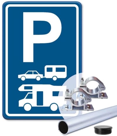 Parkeerbord Caravans en Campers - blauw - Weerbestendig Aluminium - 30x45 cm - Bevestiging: Met paal 150 cm + paalbeugels + paaldop