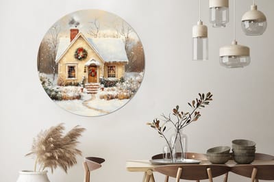 WallCircle - Wandcirkel - Muurcirkel - Kerst - Huis - Winter - Sneeuw - Aluminium - Dibond - 140x140 cm - Binnen en Buiten