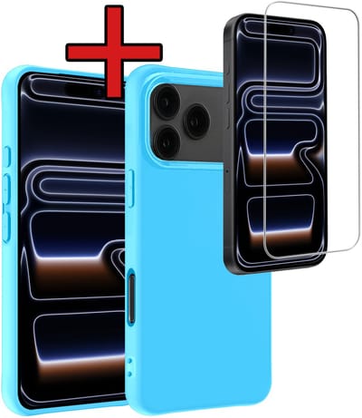 Hoesje - Met Screenprotector - Geschikt voor iPhone 17 Pro / 18 Pro - Sterk & Shockproof - Telefoon Hoes - Back Cover - Siliconen Case - Telefoonhoes - Lichtblauw