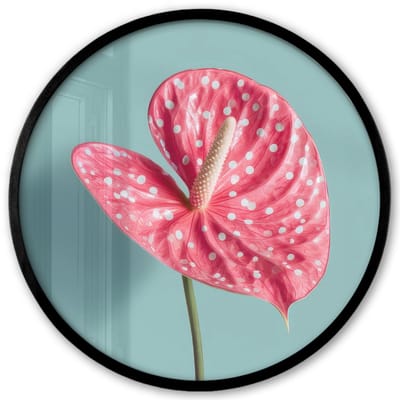 Poster in lijst Rond - Fotolijst 40x40 cm - Posters - Blad - Anthurium - Stippen - Roze - Ronde posterlijst zwart - Decoratie - Wanddecoratie woonkamer - Muurdecoratie slaapkamer