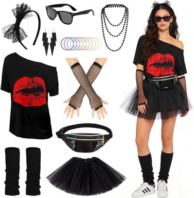 80s Kostuum voor Dames met Hoofdband, Polsband en Oorbellen voor Feest, Carnaval en Halloween