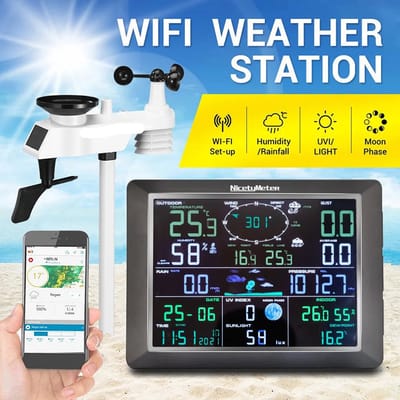 Weerstation - Weerstation Draadloos Binnen Buiten - Internet/Wifi Weerstation - Draadloos weerstation met Buitensensor - met Regenmeter, Windmeter en Buitensensor - Luchtvochtigheidsmeter