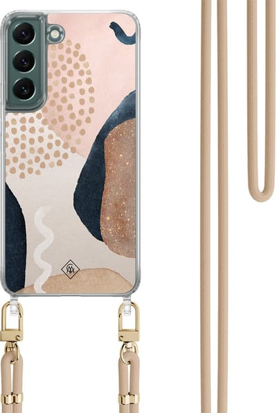 Casimoda® hoesje met beige koord - Geschikt voor Samsung S22 Plus - Abstract Dots - Afneembaar koord - TPU/polycarbonaat - Bruin/beige