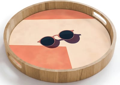 Dienblad rond 40x40 cm - Schootdienblad hout - Zonnebril - Schaduw - Oranje - Minimalistisch - Borrelplank rechthoek - Plateau houten dienbladen