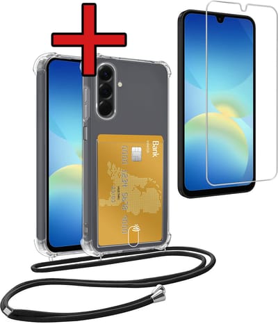 Hoesje Geschikt voor Samsung A26 Hoesje Met Telefoonkoord en Pasjeshouder Met Screenprotector Siliconen - Hoes Geschikt voor Samsung Galaxy A26 Hoesje Met Kaarthouder Shock Proof Case - Transparant