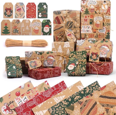6 Vellen Kerst Inpakpapier 70x50cm, Gerecycled Kraftpapier met 6 Vintage Ontwerpen en 9 Labels voor Feestelijke Decoraties en Cadeaus