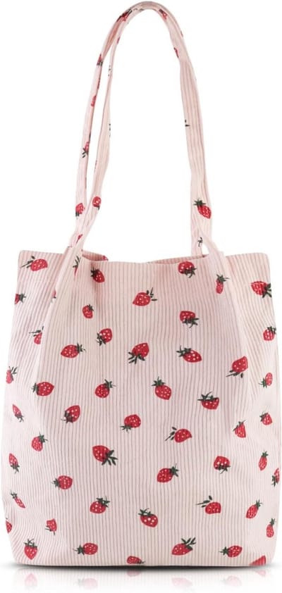 Dailygoods - Corduroy Boodschappentas, handtas voor dames met magneetkrap, schoudertas voor pendelen, reizen en dating | Aardbeidruk