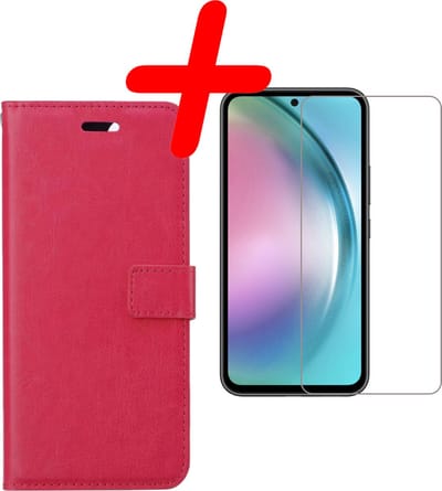 Hoesje Met Screenprotector - Geschikt voor Samsung Galaxy A54 - Luxe Pasjeshouder - Bookcase Portemonee - Flip Case - Kunstleer Book Case - Flipcase - Book Cover - Walletcase - Portemonneehoes - Donkerroze