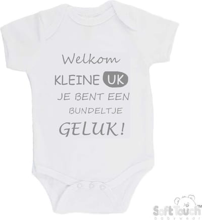 100% katoenen Romper "Welkom kleine uk, je bent een bundeltje geluk" Unisex Katoen Wit/grijs Maat 56/62