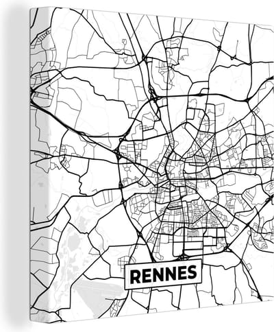 Canvas Schilderij Kaart - Stadskaart - Rennes - Frankrijk - Plattegrond - Zwart wit - 20x20 cm - Wanddecoratie