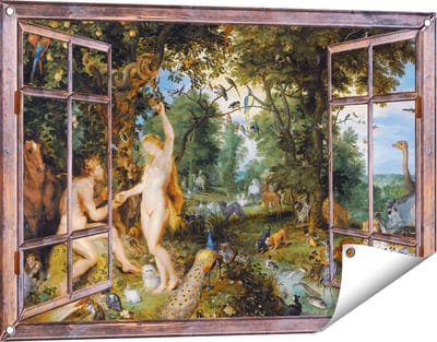 Gards Tuinposter Doorkijk Het Aardse Paradijs met de Zondeval van Adam en Eva - Jan Brueghel - 90x60 cm - Tuindoek - Tuindecoratie - Wanddecoratie buiten - Tuinschilderij