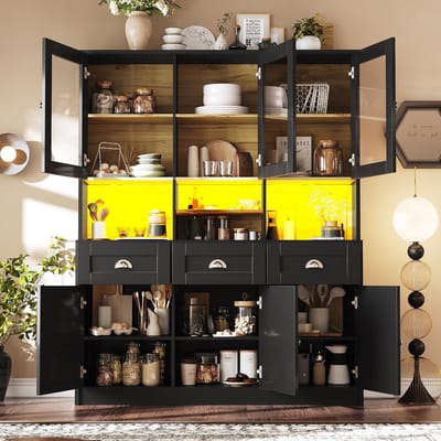 STILVORA Hoge Keukenkast - Buffetkast Met LED En App-Bediening - 3 Lades 6 Deuren - Verstelbare Planken - MDF - 140x40x175 cm - Zwart