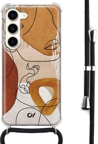 Telefoonhoesje met koord geschikt voor Samsung S23 - Abstract Shape Faces - Inclusief koord - Transparant, Bruin - - Crossbody beschermhoes - Met Telefoonketting