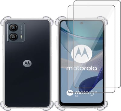 Hoesje geschikt voor Motorola Moto G53 + 2x Screenprotector – Tempered Glass - Extreme Shock Case Transparant