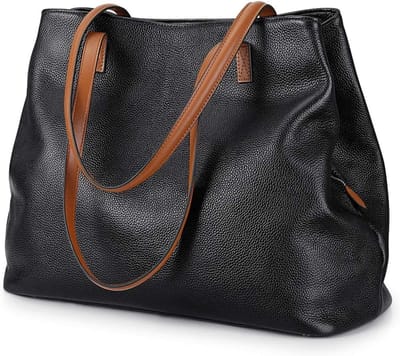 Dames Shopper Tas van Zacht Echt Leer, Vouwbare Schoudertas voor Laptop en Reizen, Zwart
