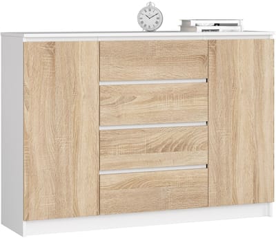 Ladekast K140 met 4 Lades en 2 Deuren / AKORD Furniture Factory / Wit – Sonoma Eik / 138 x 99 x 40 cm