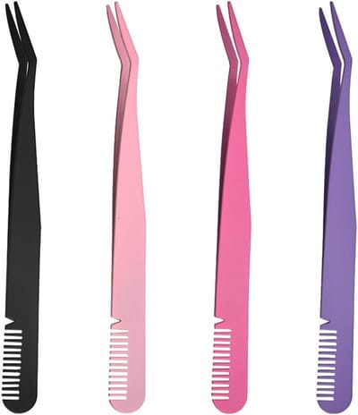 Set van 4 Precisie Wimperapplicators, RVS Wimperextensions Pincetten voor Cluster en Stripwimpers, 2-in-1 Gebogen Pincetten en Gereedschap